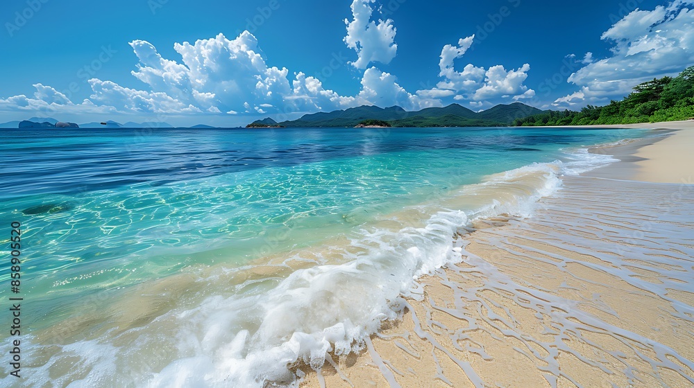 Canvas Prints expansive view of a serene beach with clear blue waters and a bright sky, representing the importanc