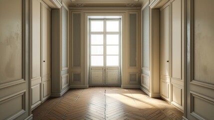 Fototapeta premium Deserted hallway with pale walls window built in closets vacant