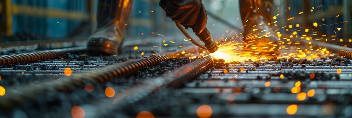 Worker in safety gear uses a gas torch to cut metal rods on industrial site.