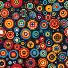 This image is a colorful, abstract pattern featuring concentric circles of various sizes. The circles are primarily in red, yellow, blue, and white, with subtle hints of brown. The circles are arrange