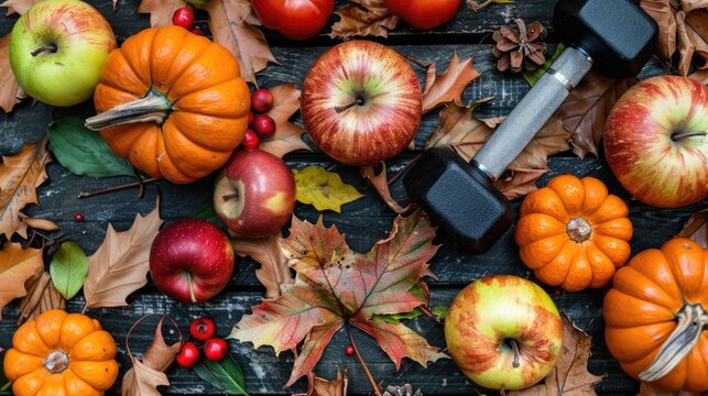 Fall themed fitness flat lay with exercise equipment and seasonal produce on leaves