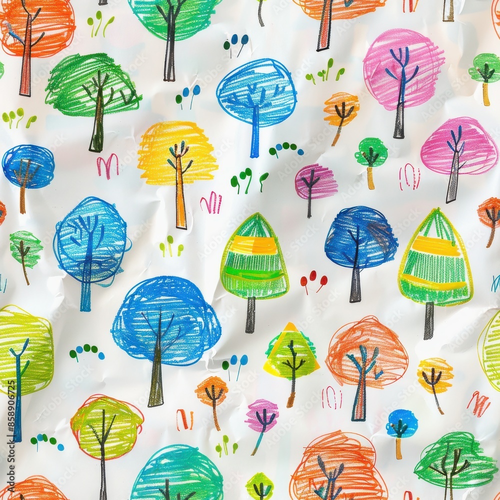 Poster A close-up image of a colorful crayon drawing depicting a variety of trees on a white piece of crumpled paper. The trees are drawn in a child-like style with different colors and shapes. The papers te
