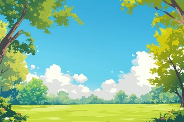 Tranquil Meadow Landscape with Green Trees and a Blue Sky