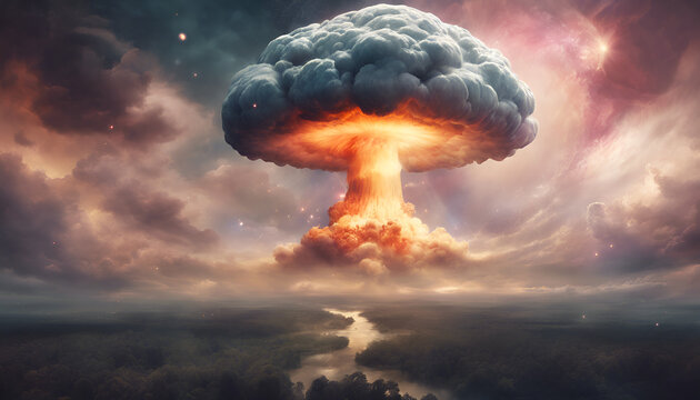 Nuclear explosion of an atom bomb with a mushroom cloud