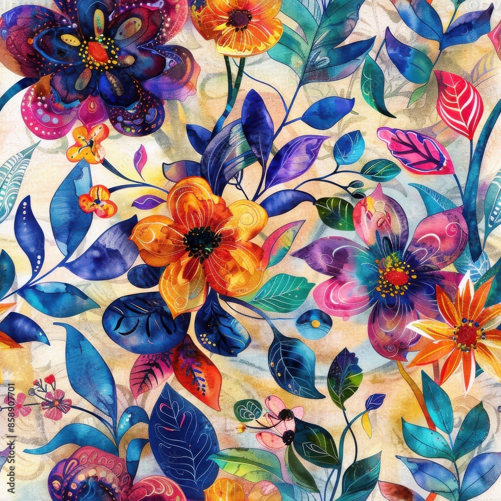 Poster this digital illustration features a seamless pattern of colorful flowers and leaves. the flowers ar