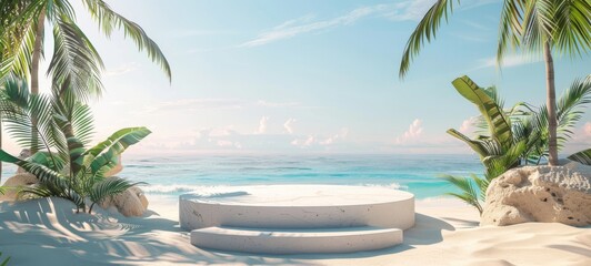Obraz premium Tropical beach with sand podium to display product showcase for a summer concept ads background. Sandy beach with palm leaves and ocean waves