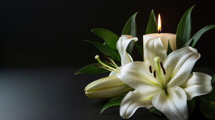White Lily and Burning Candle on Black Background