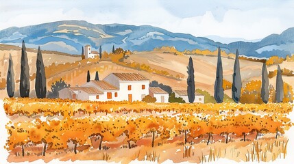Obraz premium Tuscan watercolor charming cottages and vineyards nestled on picturesque hillsides