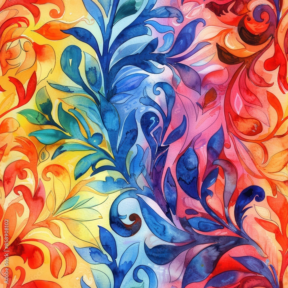 Poster a watercolor painting of a repeating floral pattern. the pattern features a mix of blue, red, and ye