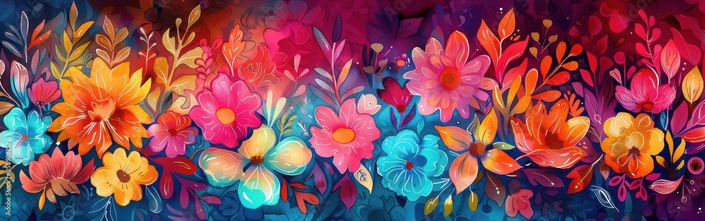Poster this is a digital illustration of a colorful flower arrangement. the flowers are painted in a vibran