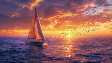 Fototapeta premium A sailboat on the open sea at sunset, with the sky painted in shades of orange and purple, and a flock of seagulls flying overhead.