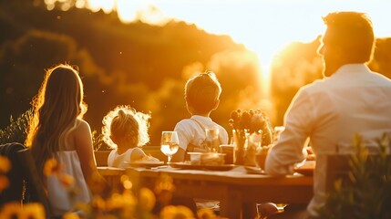 Happy family having fun outdoor dinner on sunset concept with shallow depth of field - Warm contrast filter