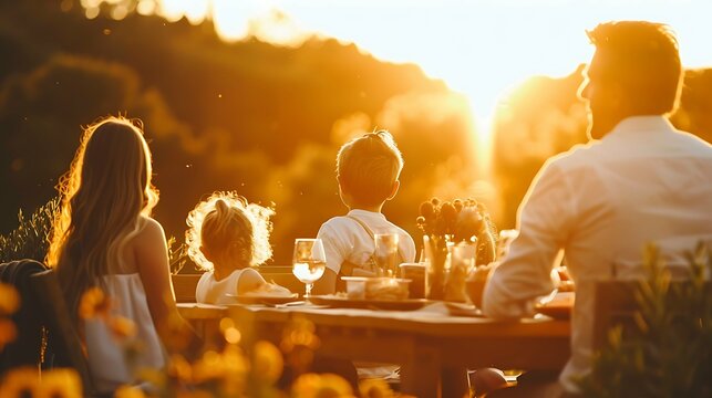 Happy family having fun outdoor dinner on sunset concept with shallow depth of field - Warm contrast filter