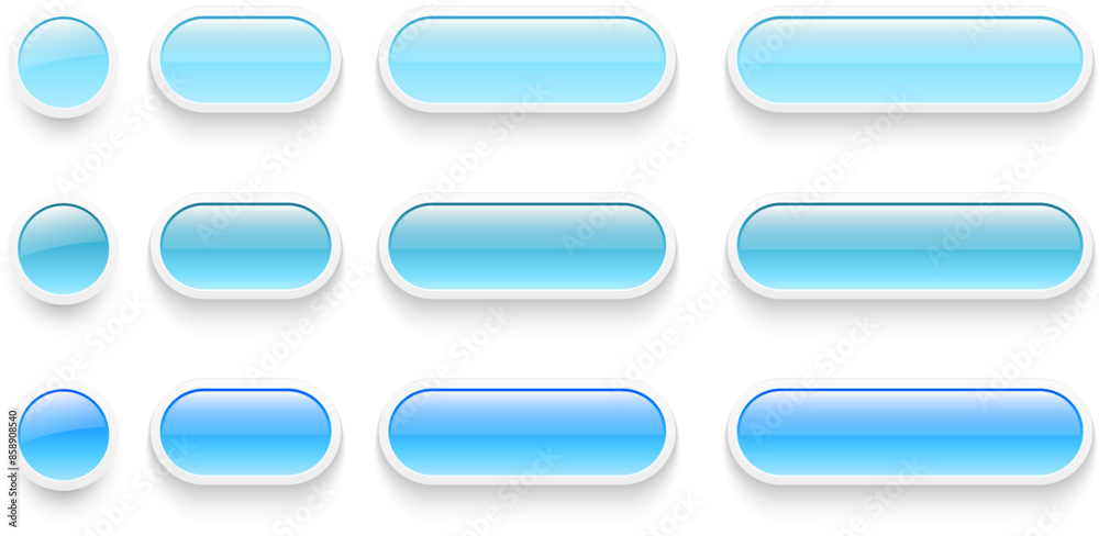 Aufkleber buttons set for user interface, simple white blue 3d modern buttons design for mobile, web, social m