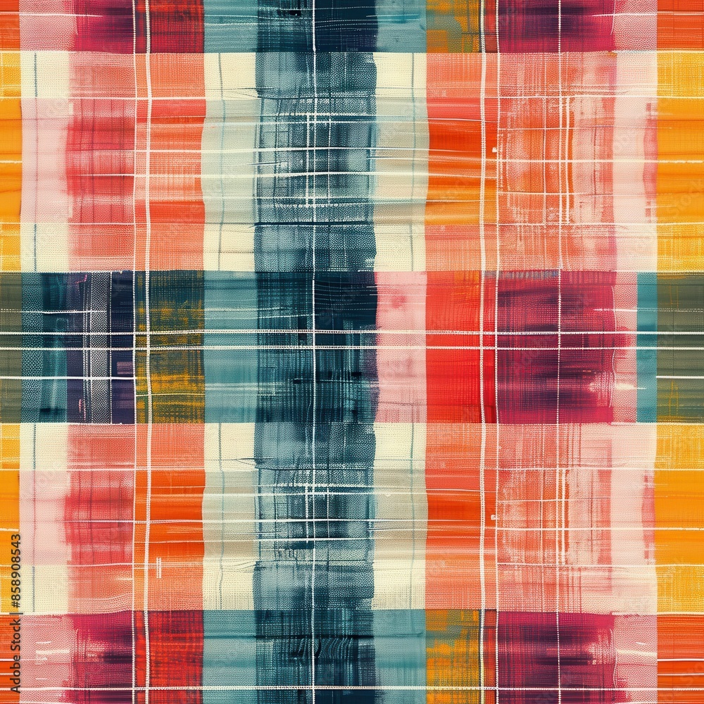 Poster This image features a digital abstract pattern composed of various shades of red, orange, and blue arranged in a plaid pattern. The pattern is created using a combination of brushstrokes and textured 