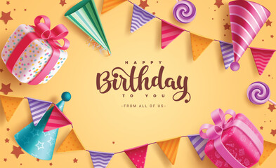 Happy birthday greeting vector background design. Birthday greeting text in yellow background with gift box, party hat, pennants and stars elements decoration. Vector illustration invitation card 