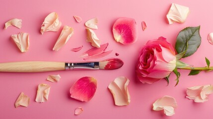 Fototapeta premium Concept of spring or summer blossoms Paintbrush with roses and petals on pink backdrop Overhead view flat lay