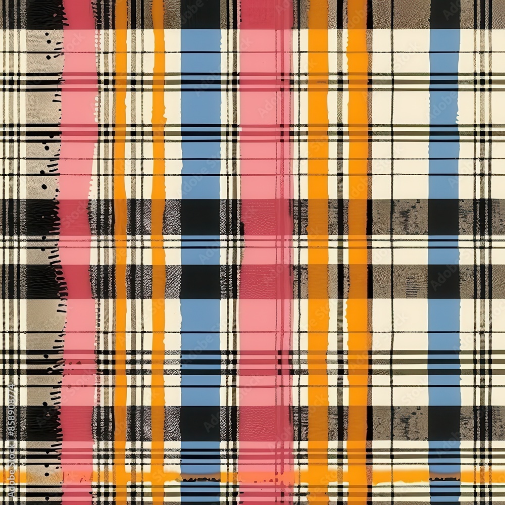 Poster This image features a repeating pattern of plaid with thick, colorful stripes. The background is a cream color with thin black, grey, and white stripes, overlaid with thicker stripes in orange, pink, 