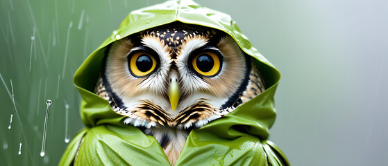 Funny A Mr. Owl in a green Raincoat