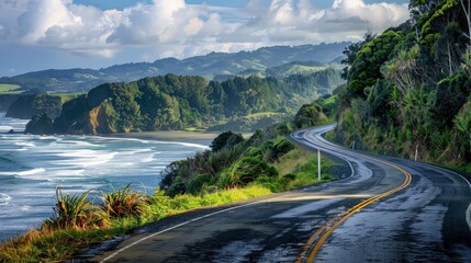 A scenic coastal road with views of the ocean on one side and lush hillsides on the other, capturing the adventurous spirit of summer road trips.