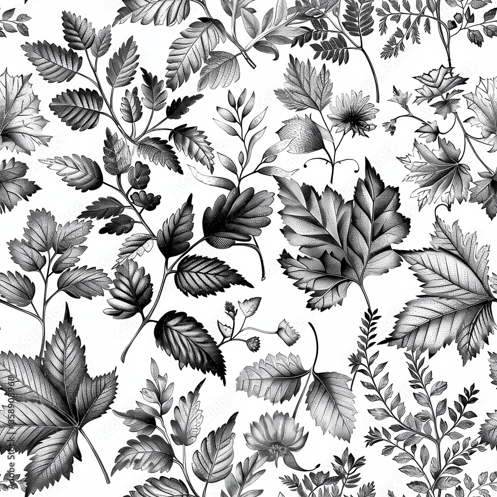 Aufkleber a seamless pattern featuring an intricate illustration of various leaves drawn in black and white. t