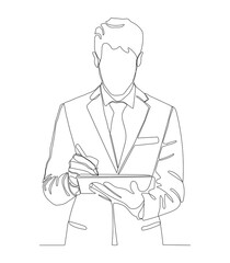 Continuous line drawing of professional young business man, writing work plan in personal notebook isolated on white background.