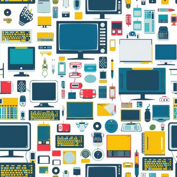 This image features a colorful seamless pattern of retro computers and technology. The pattern is made up of various devices, including desktop computers, laptops, smartphones, tablets, keyboards, mic