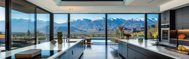 Fototapeta premium A large kitchen with a view of mountains. The kitchen is very clean and well-organized. There are two sinks, a large island, and a counter with a bowl of fruit. The kitchen is very spacious