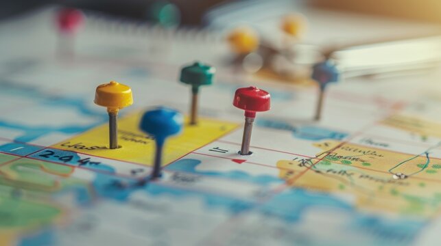 A close-up of a calendar with important goal deadlines and milestones marked. The organized and colorful layout emphasizes the importance of time management and setting specific, measurable targets