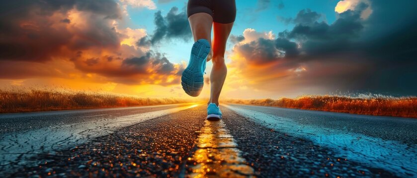 A person running a marathon, symbolizing the achievement of long-term fitness goals. The energetic and determined atmosphere of the race highlights the importance of perseverance, hard work, and