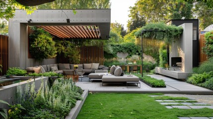 A large patio with a wooden fence and a gazebo. The patio is filled with furniture and plants