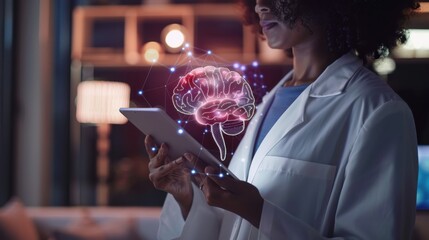A woman in a white lab coat holds a tablet in her hands, on which a digital brain model is displayed. The brain is illuminated with a vibrant pink hue and connected to a network of glowing blue lines.