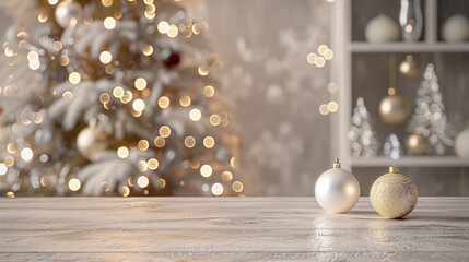 Dreamy empty timber blank timber table Christmas bright gold tree background empty luxury decor glowing bokeh lights card printable product advert chic  luxury posh trendy preppy xmas eve front view