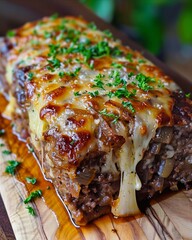 A meatloaf with cheese and herbs on a wooden board.