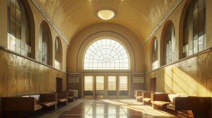 Fototapeta premium The interior of an Art Deco train station bathed in natural light showcasing the beauty of the design.