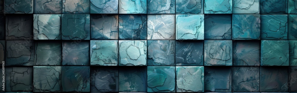 Poster A blue wall with a pattern of squares. The squares are of different sizes and are arranged in a way that creates a sense of depth and texture. Scene is calm and serene, with the blue color