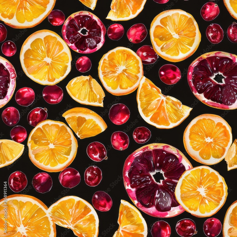 Poster this digital illustration features a seamless pattern of oranges, grapefruits, and cranberries on a 