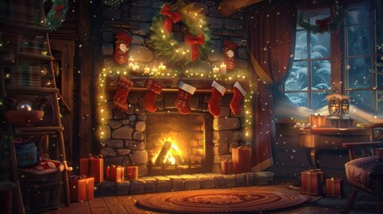 Fototapeta premium A cozy Christmas scene featuring a fireplace with a crackling fire, decorated with stockings and a garland of lights. The fireplace is flanked by presents and a window with a snowy view. The room is w