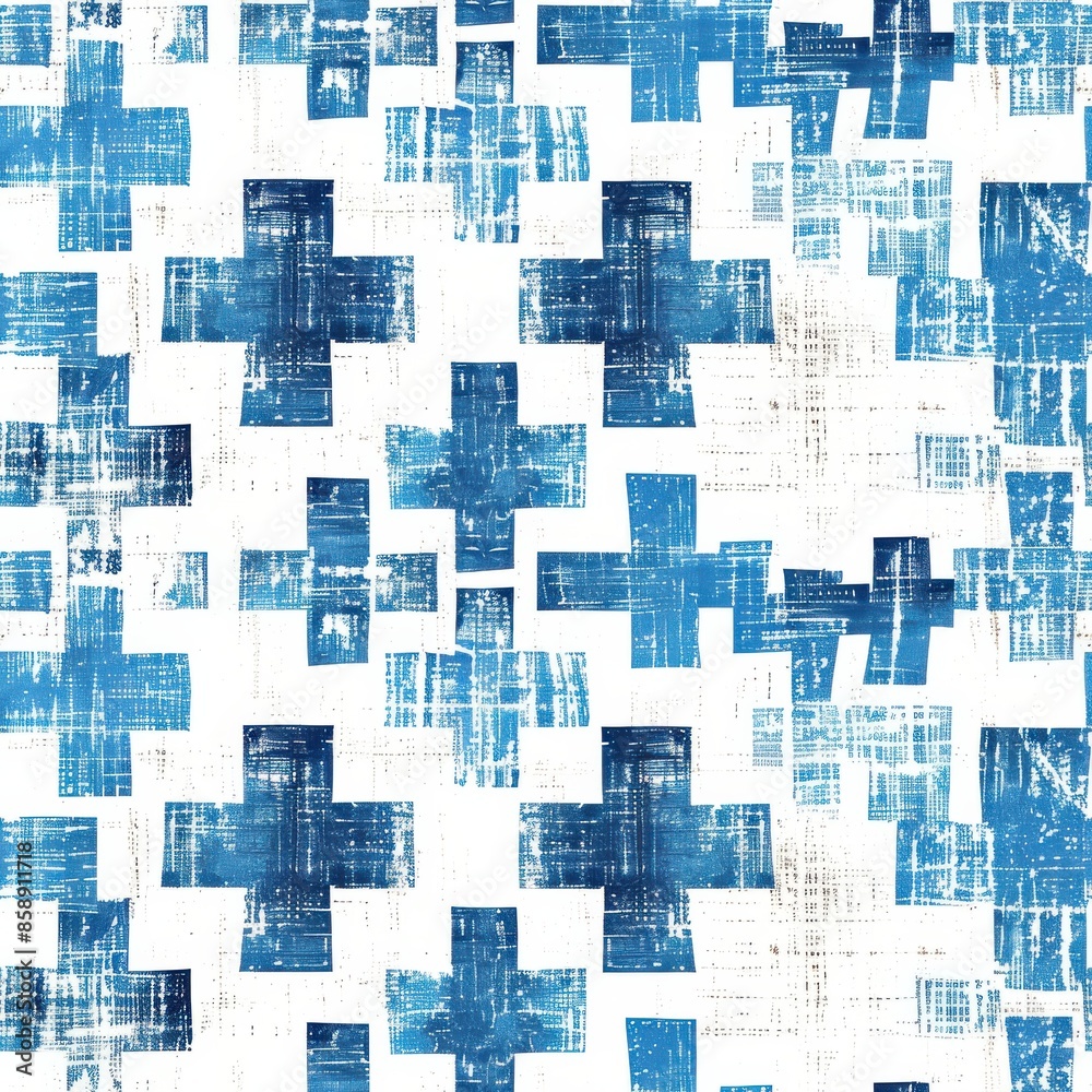 Poster This is a digital image of a seamless pattern featuring abstract blue crosses on a white background. The crosses are created using a textured, distressed brush stroke effect, giving the design a vinta