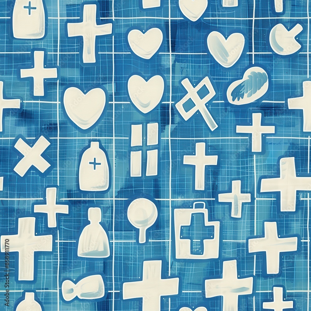 Poster a seamless pattern of various hand-drawn white icons on a blue gridded background. the icons include
