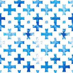 Obraz premium This image shows a seamless pattern of blue crosses on a white background. The crosses are made of a textured, abstract design, giving them a unique and artistic look. The pattern is simple yet striki