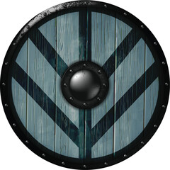 Viking shield design. A wooden shield bound with iron, featuring the Scandinavian Viking symbol. Realistic illustration.