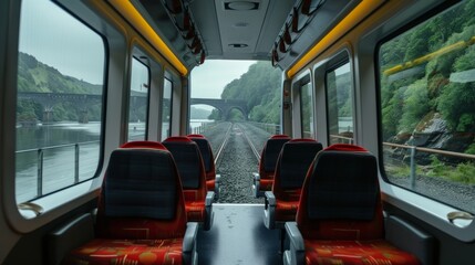Fototapeta premium Steep cliffs hug either side of the train as it crosses the river on the bridge.