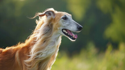A nice dog with a long, silky coat is standing in a grassy field in the park in summer