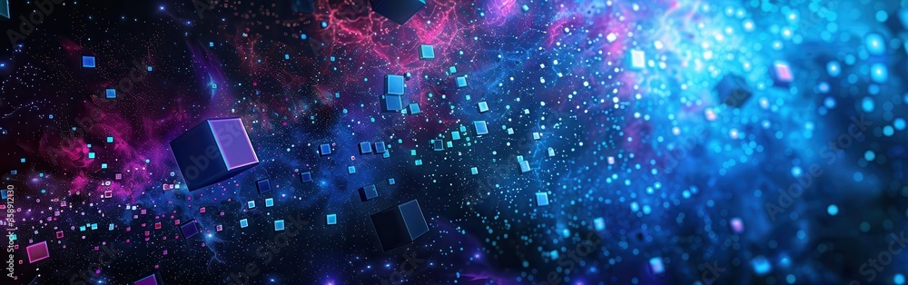 Leinwandbilder A colorful space background with many small cubes scattered throughout. The cubes are of different sizes and colors, creating a sense of depth and movement. Scene is one of wonder and excitement