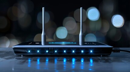 Close up of router with cables and illuminated led indicators for optimal search visibility