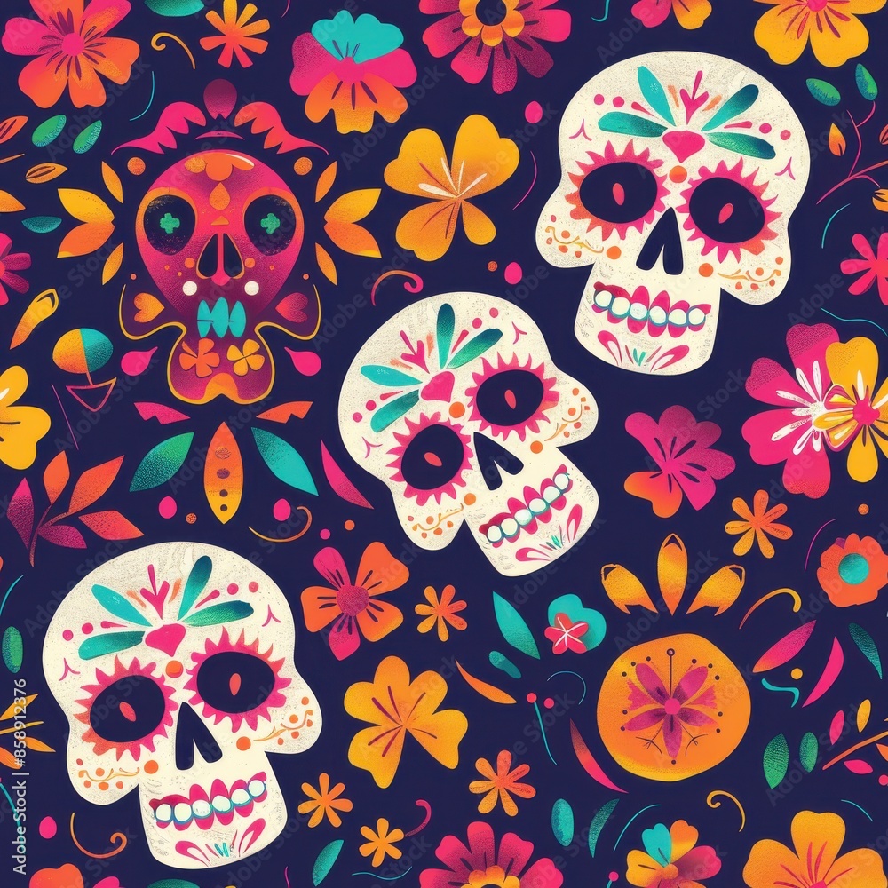 Poster This image features a repeating pattern of sugar skulls and colorful flowers on a dark blue background. The skulls have intricate designs, including hearts, flowers, and teeth. The flowers are in vari