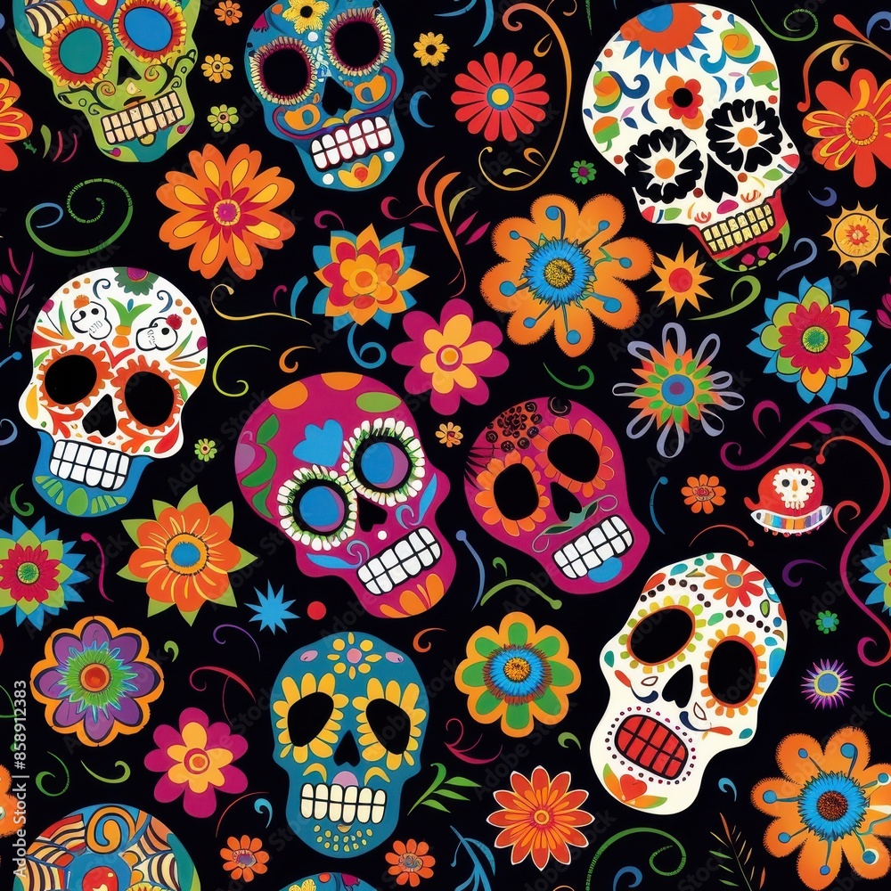 Aufkleber This image features a repeating pattern of colorful sugar skulls and flowers on a black background. The sugar skulls are decorated with intricate designs and bright colors, while the flowers are equal