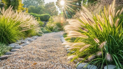 A pathway lined with sun-kissed pebbles bordered by tall swaying grasses.