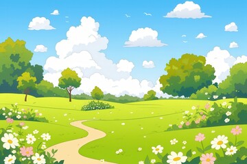 Fototapeta premium Serene Spring Meadow with Winding Path